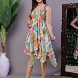 Women's Multicolor Printed Cotton Handkerchief Hem Dress Midi Dresses