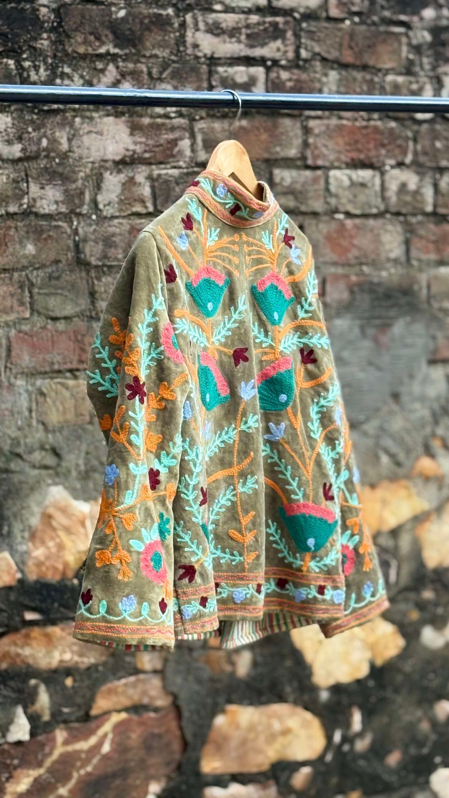Womens Olive Green Velvet Embroidered Jacket with Floral Design