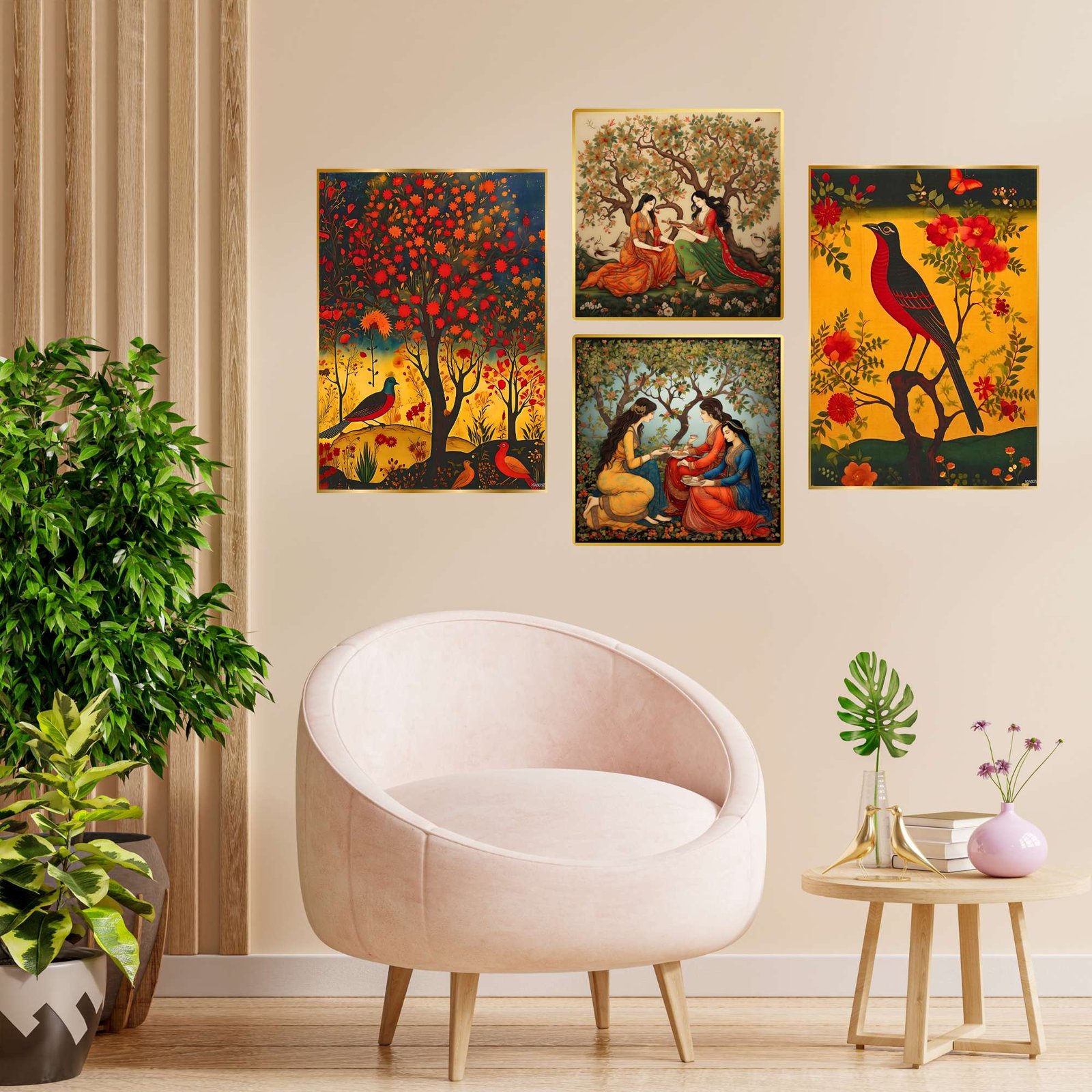 Set of Four Wall Paintings for Wall Dacoration Golden Framed Wall Paintings for Living Room & Bedroom Wall Art for Home Decoration & Office Wall Décor (13x10 inch CH-GD4-13)